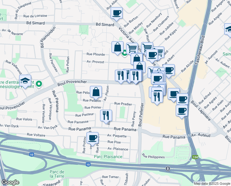 map of restaurants, bars, coffee shops, grocery stores, and more near 1350 Rue Palerme in Brossard