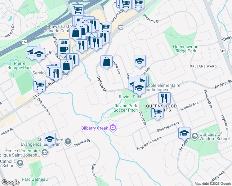 map of restaurants, bars, coffee shops, grocery stores, and more near 222 Fraser Park in Ottawa
