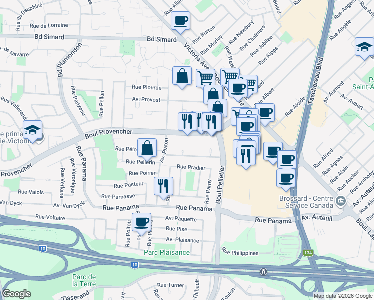map of restaurants, bars, coffee shops, grocery stores, and more near 1390 Rue Palerme in Brossard