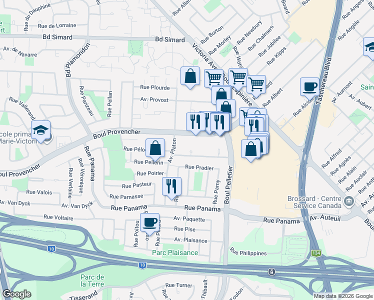map of restaurants, bars, coffee shops, grocery stores, and more near 1350 Rue Palerme in Brossard
