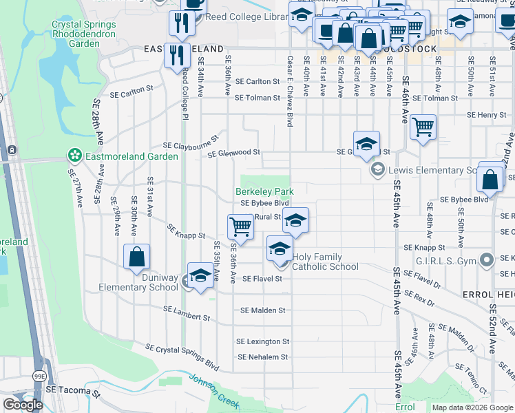 map of restaurants, bars, coffee shops, grocery stores, and more near 3665 Southeast Bybee Boulevard in Portland