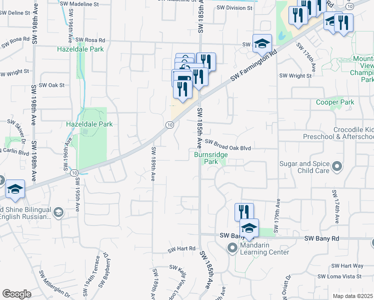 map of restaurants, bars, coffee shops, grocery stores, and more near 18528 Southwest Mcclarey Drive in Beaverton