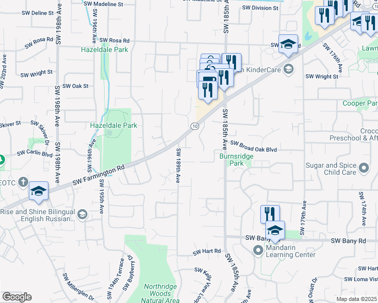 map of restaurants, bars, coffee shops, grocery stores, and more near 42 Southwest 189th Avenue in Beaverton