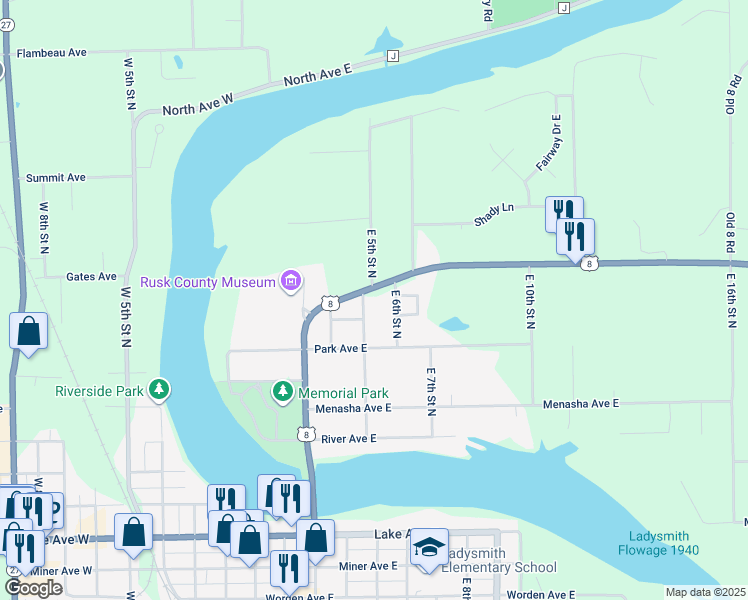 map of restaurants, bars, coffee shops, grocery stores, and more near 815 East 6th Street North in Ladysmith
