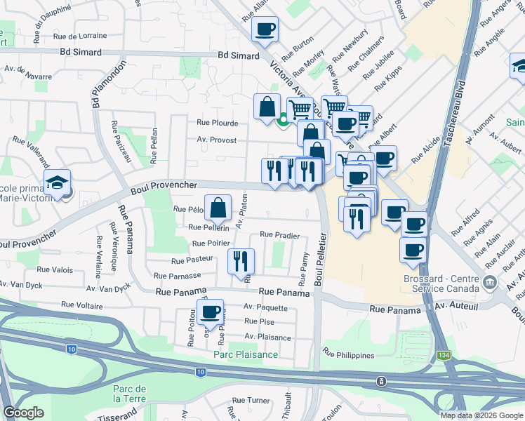 map of restaurants, bars, coffee shops, grocery stores, and more near 1350 Rue Palerme in Brossard