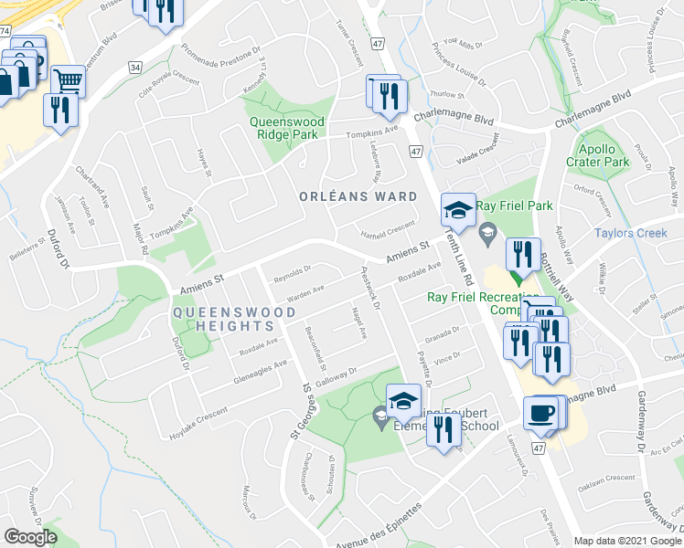 map of restaurants, bars, coffee shops, grocery stores, and more near 342 Reynolds Drive in Ottawa