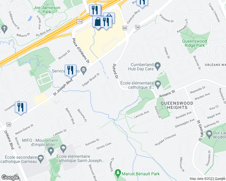 map of restaurants, bars, coffee shops, grocery stores, and more near 1474 Bonneville Crescent in Ottawa
