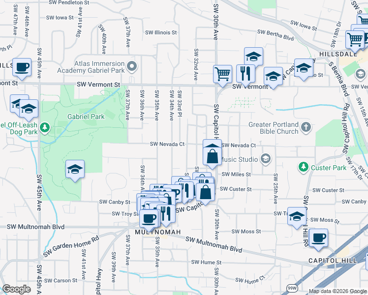 map of restaurants, bars, coffee shops, grocery stores, and more near 7207 Southwest 33rd Avenue in Portland