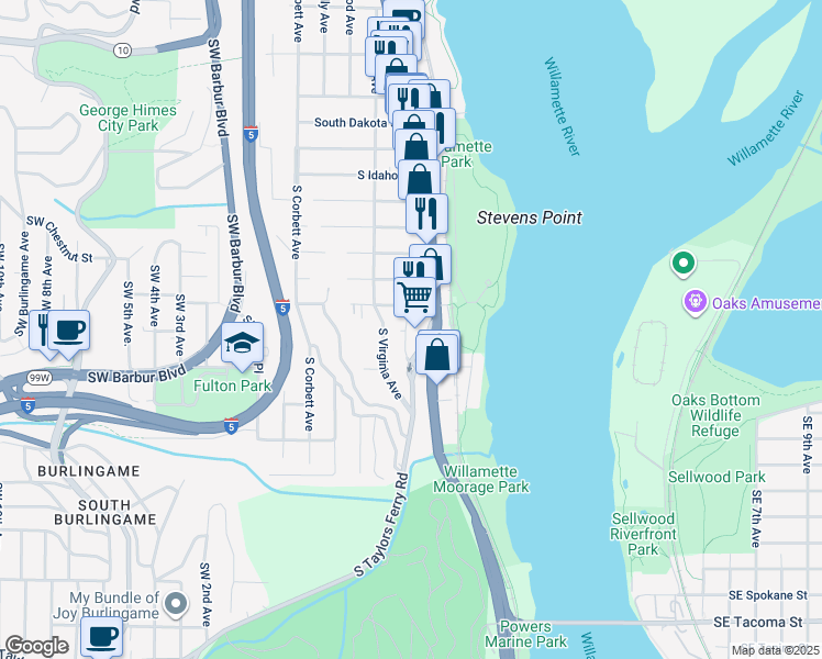 map of restaurants, bars, coffee shops, grocery stores, and more near 606 South Nevada Street in Portland