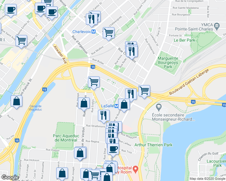 map of restaurants, bars, coffee shops, grocery stores, and more near 405 Rue Henri-Duhamel in Montréal