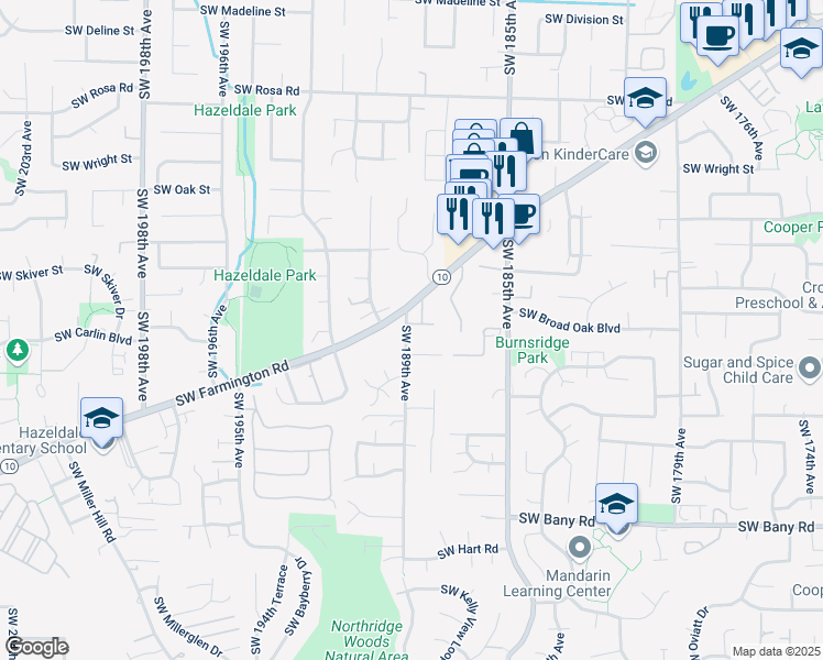 map of restaurants, bars, coffee shops, grocery stores, and more near 42 Southwest 189th Avenue in Beaverton