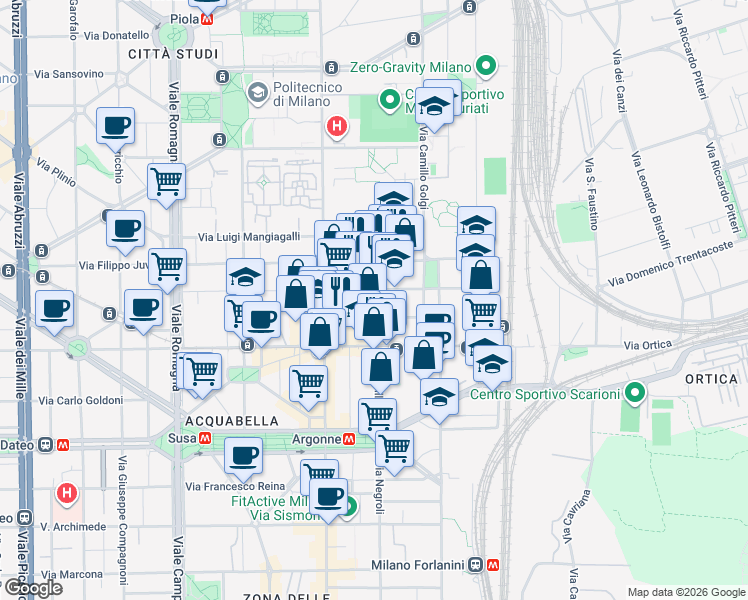 map of restaurants, bars, coffee shops, grocery stores, and more near 17 Via A. Visconti D'Aragona in Milan