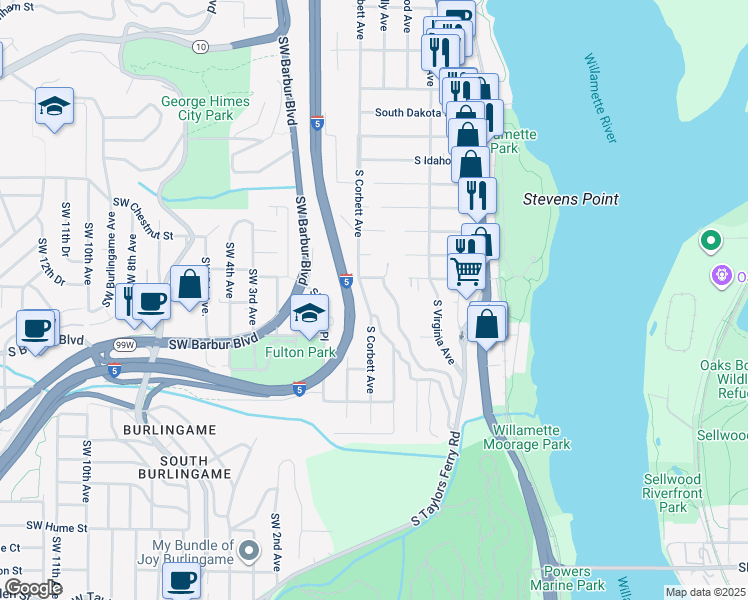 map of restaurants, bars, coffee shops, grocery stores, and more near 7202 South Corbett Avenue in Portland