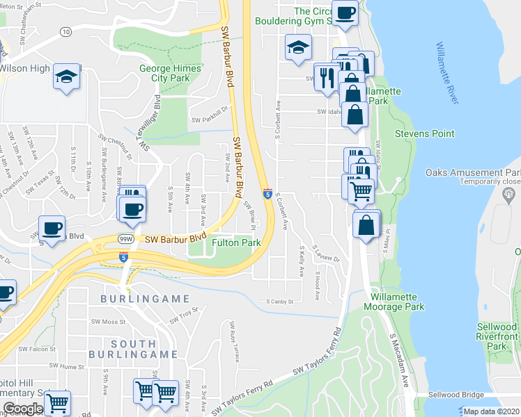 map of restaurants, bars, coffee shops, grocery stores, and more near 7200 Southwest Brier Place in Portland