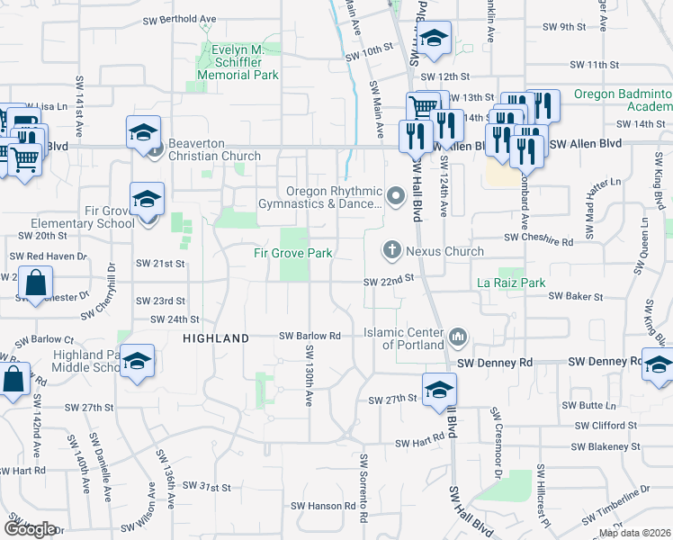 map of restaurants, bars, coffee shops, grocery stores, and more near 12890 Southwest 20th Court in Beaverton