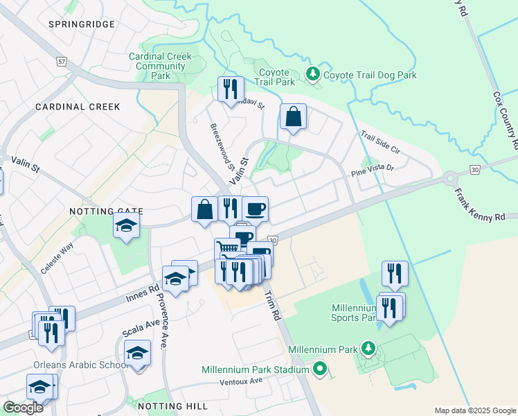 map of restaurants, bars, coffee shops, grocery stores, and more near 236 Rustic Hills Crescent in Ottawa