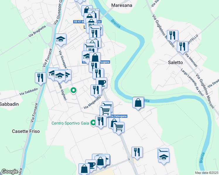 map of restaurants, bars, coffee shops, grocery stores, and more near 11A Via Montello in Limena
