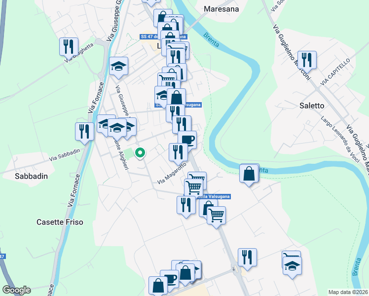 map of restaurants, bars, coffee shops, grocery stores, and more near 76 Via del Santo in Limena