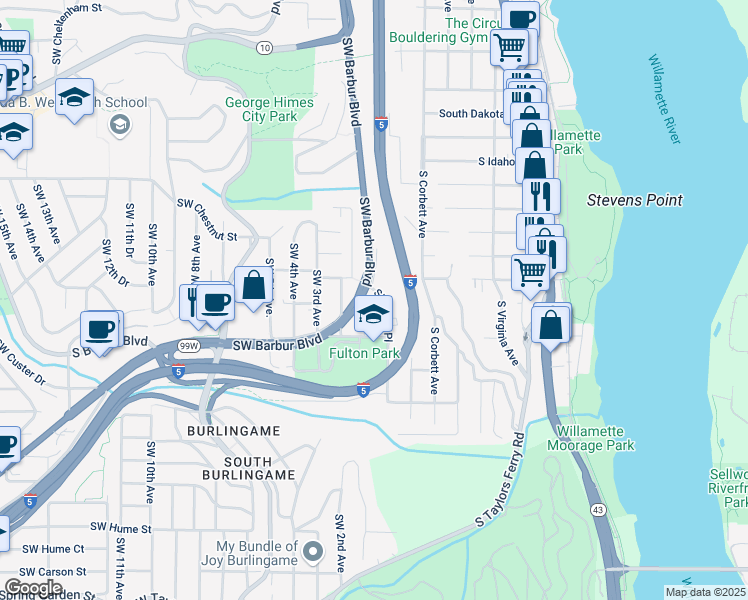 map of restaurants, bars, coffee shops, grocery stores, and more near 7115 Southwest Brier Place in Portland