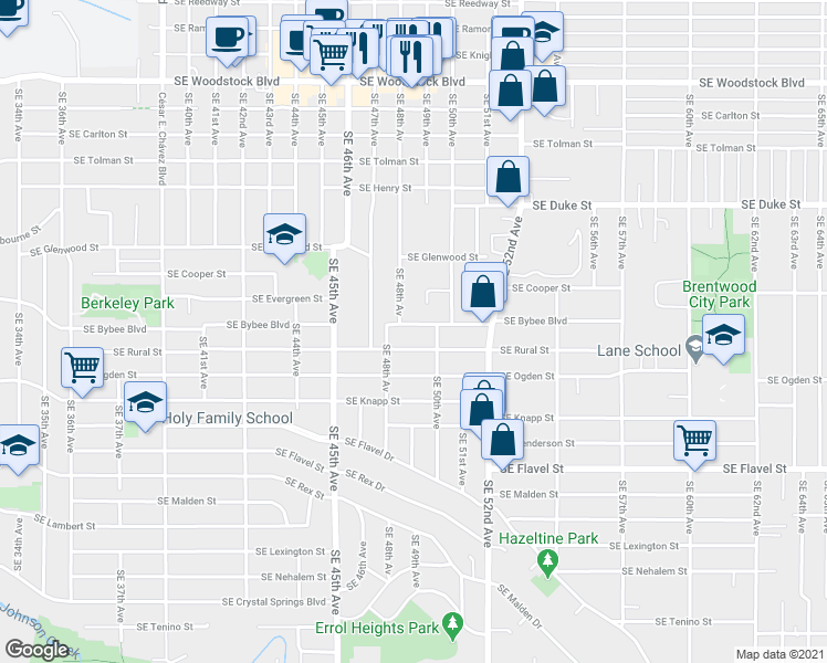 map of restaurants, bars, coffee shops, grocery stores, and more near 4848 Southeast Bybee Boulevard in Portland