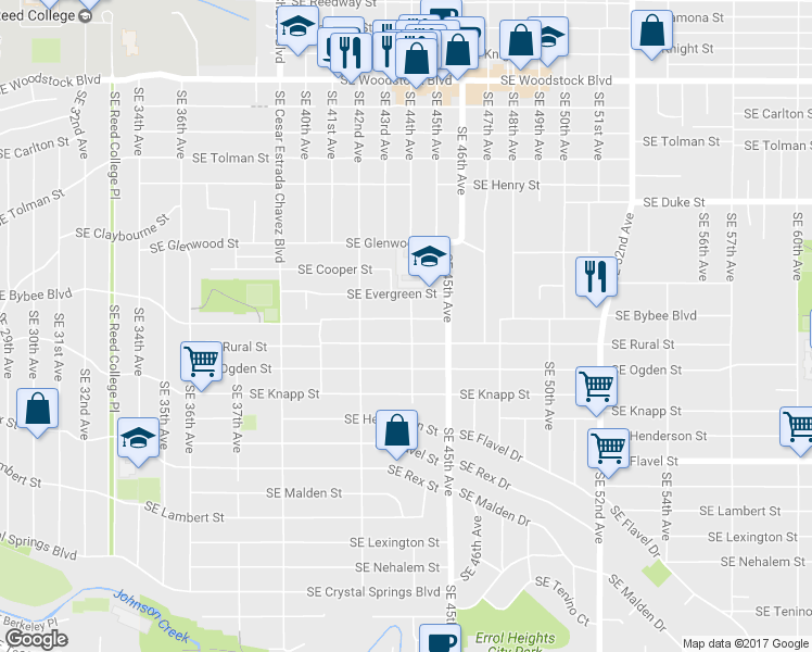 map of restaurants, bars, coffee shops, grocery stores, and more near 7011 Southeast 44th Avenue in Portland