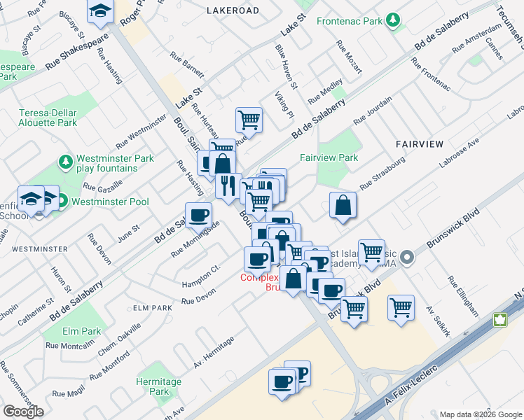 map of restaurants, bars, coffee shops, grocery stores, and more near 3677 Boulevard Saint-Jean in Dollard-des-Ormeaux