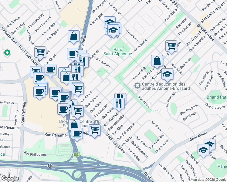 map of restaurants, bars, coffee shops, grocery stores, and more near 5952 Rue Alain in Brossard