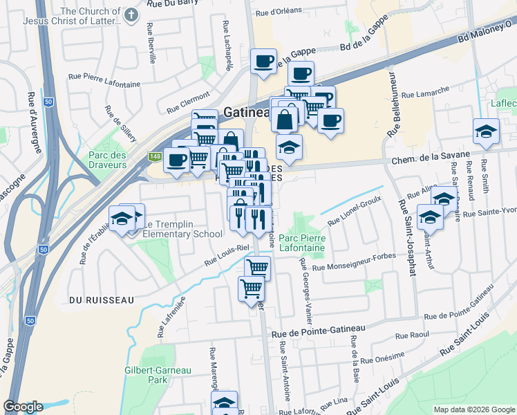 map of restaurants, bars, coffee shops, grocery stores, and more near 189 Boulevard Gréber in Gatineau