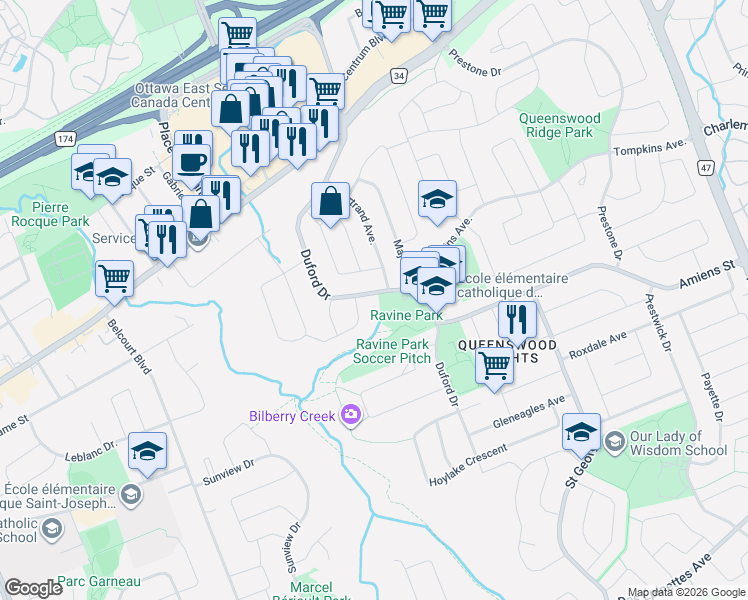 map of restaurants, bars, coffee shops, grocery stores, and more near 1422 Duford Drive in Ottawa