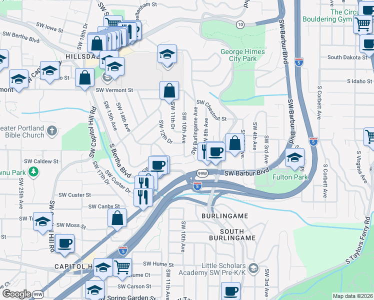 map of restaurants, bars, coffee shops, grocery stores, and more near 7133 Southwest Burlingame Avenue in Portland