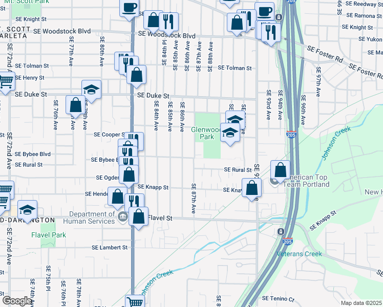 map of restaurants, bars, coffee shops, grocery stores, and more near 6911 Southeast 87th Avenue in Portland