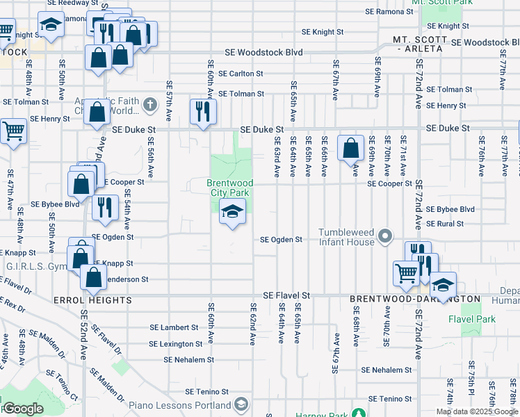 map of restaurants, bars, coffee shops, grocery stores, and more near 6920 Southeast 62nd Avenue in Portland