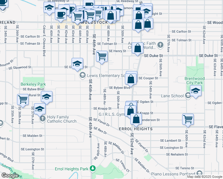 map of restaurants, bars, coffee shops, grocery stores, and more near 4848 Southeast Bybee Boulevard in Portland