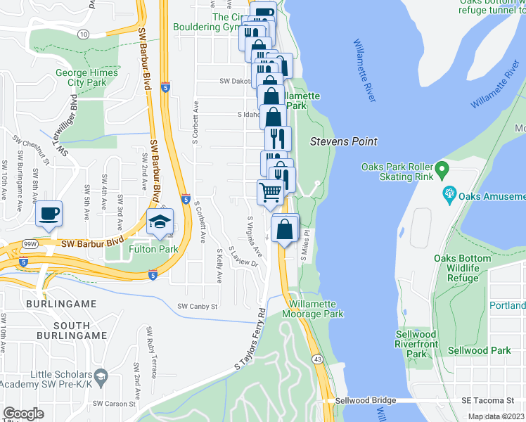 map of restaurants, bars, coffee shops, grocery stores, and more near 606 South Nevada Street in Portland