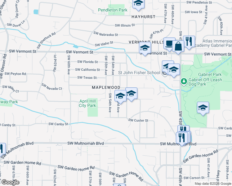 map of restaurants, bars, coffee shops, grocery stores, and more near 7230 Southwest 53rd Avenue in Portland