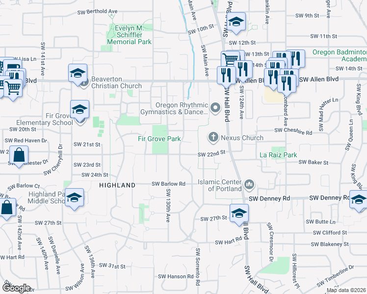 map of restaurants, bars, coffee shops, grocery stores, and more near 12890 Southwest 20th Court in Beaverton