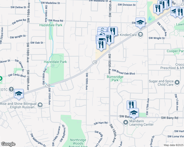 map of restaurants, bars, coffee shops, grocery stores, and more near 42 Southwest 189th Avenue in Beaverton