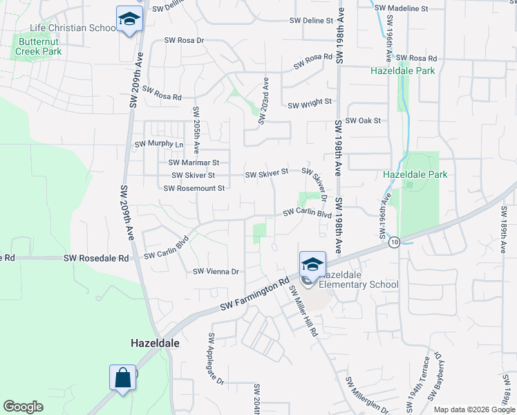 map of restaurants, bars, coffee shops, grocery stores, and more near 6565 Southwest 203rd Avenue in Beaverton