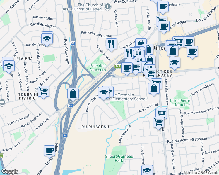 map of restaurants, bars, coffee shops, grocery stores, and more near 4 Rue des Récollets in Gatineau