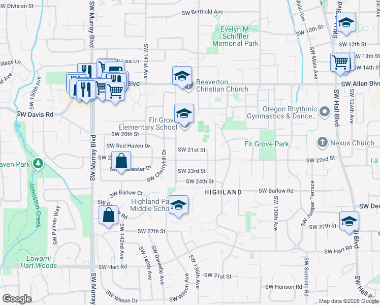 map of restaurants, bars, coffee shops, grocery stores, and more near 13670 Southwest 21st Street in Beaverton