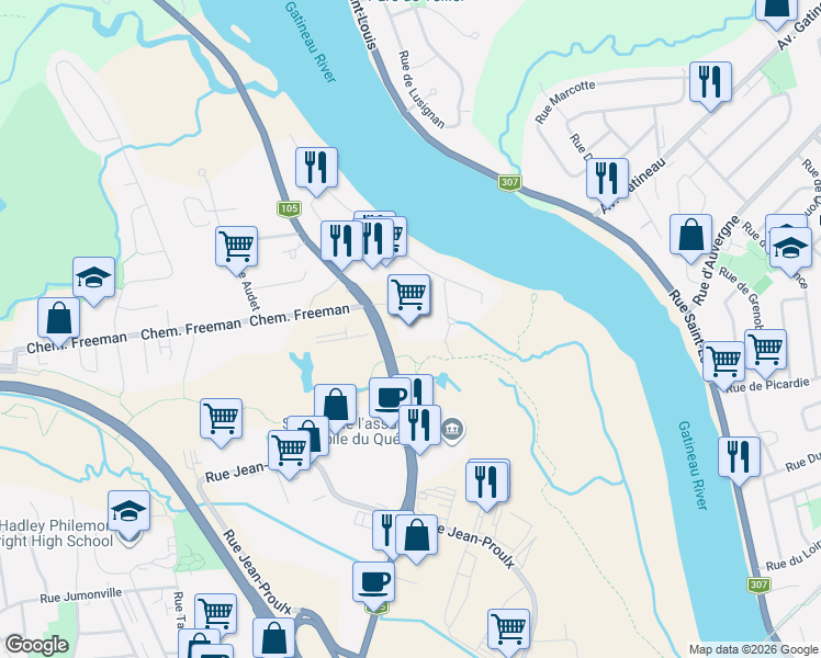 map of restaurants, bars, coffee shops, grocery stores, and more near 1130 Boulevard Saint-Joseph in Gatineau