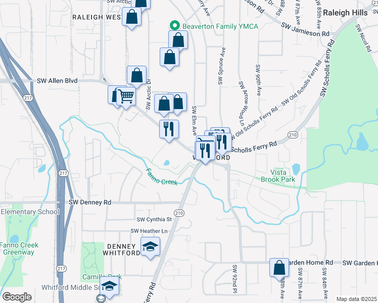 map of restaurants, bars, coffee shops, grocery stores, and more near 9600 Southwest Allen Boulevard in Beaverton