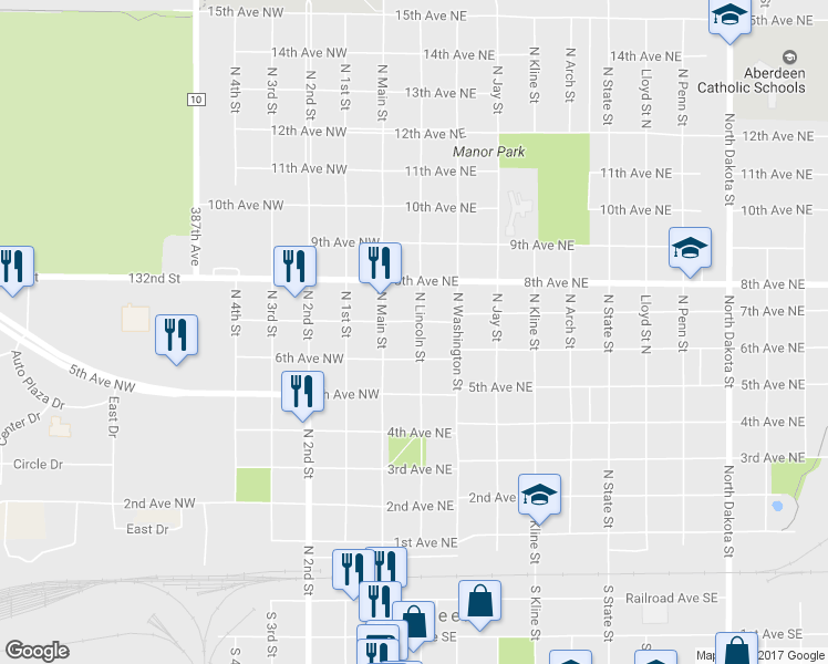 map of restaurants, bars, coffee shops, grocery stores, and more near 619 N Lincoln St in Aberdeen