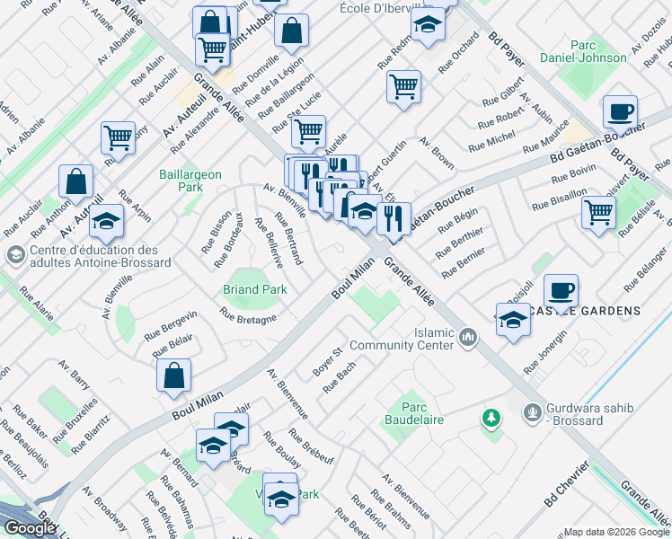 map of restaurants, bars, coffee shops, grocery stores, and more near 5490 Avenue Bienville in Brossard