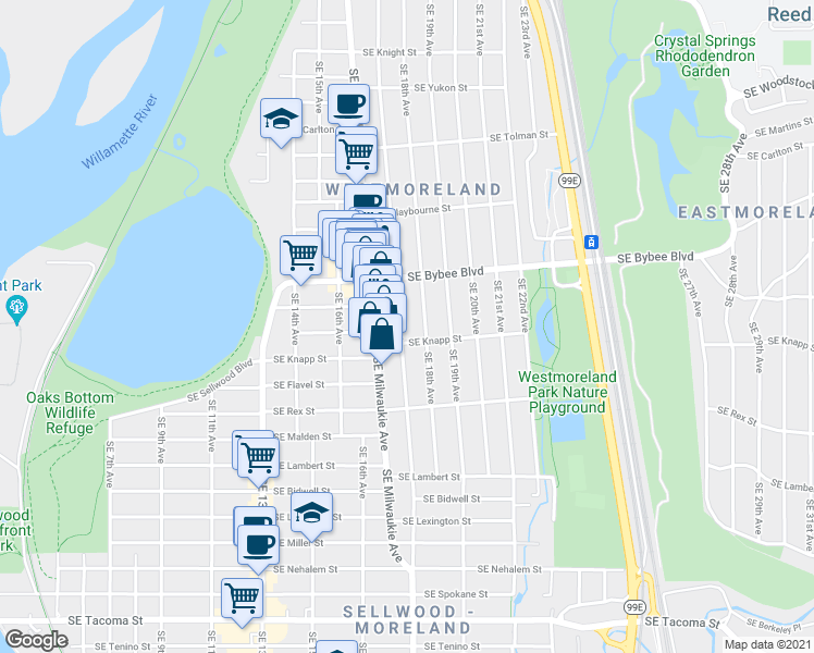 map of restaurants, bars, coffee shops, grocery stores, and more near 7212 Southeast 17th Avenue in Portland