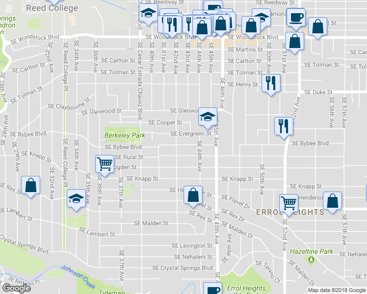 map of restaurants, bars, coffee shops, grocery stores, and more near 4216 Southeast Bybee Boulevard in Portland