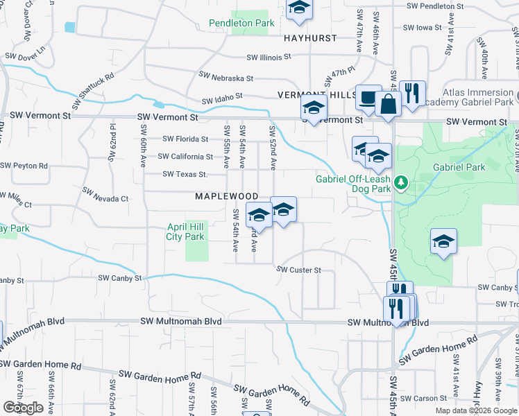 map of restaurants, bars, coffee shops, grocery stores, and more near 7230 Southwest 53rd Avenue in Portland