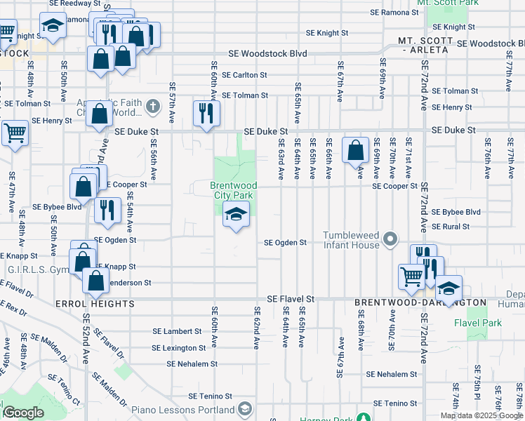 map of restaurants, bars, coffee shops, grocery stores, and more near 6920 Southeast 62nd Avenue in Portland