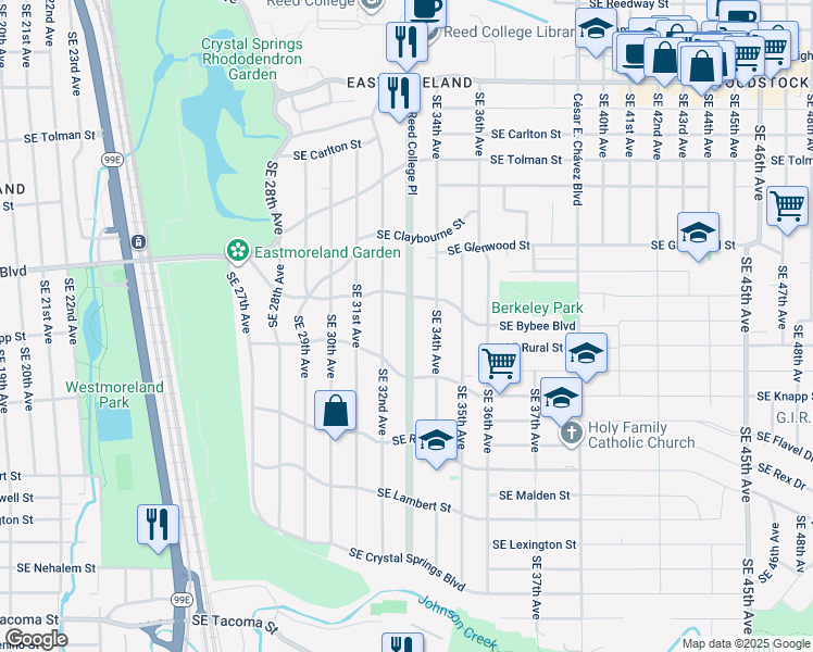 map of restaurants, bars, coffee shops, grocery stores, and more near Southeast Reed College Place in Portland