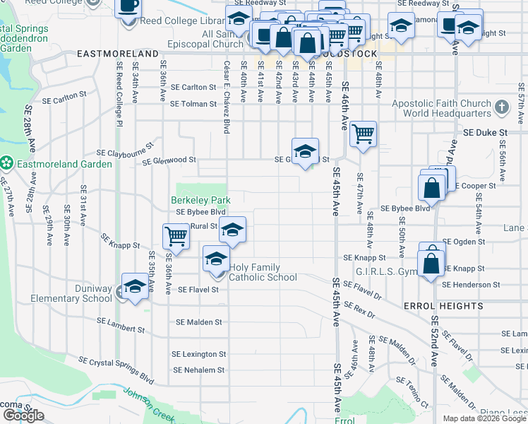 map of restaurants, bars, coffee shops, grocery stores, and more near 4132 Southeast Bybee Boulevard in Portland